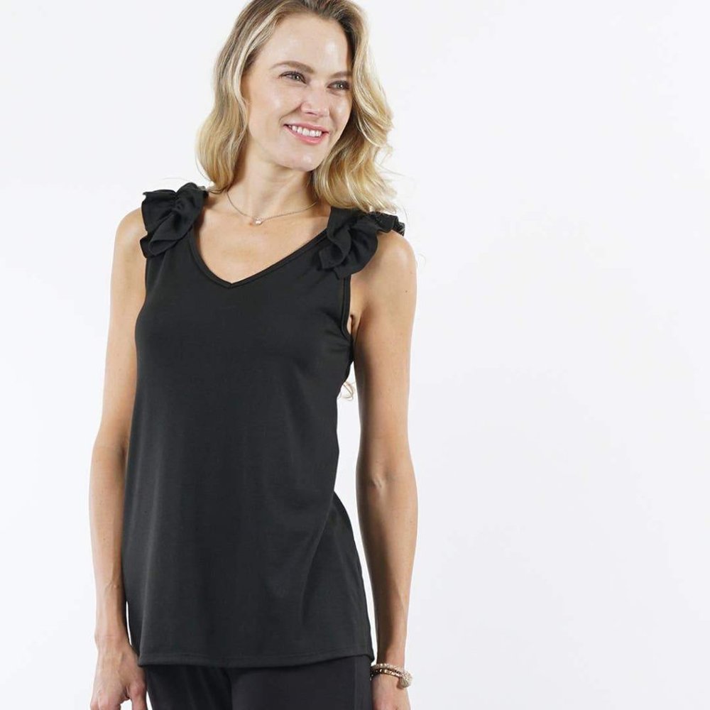 42 Pops Shoulder Ruffle Top-Black Coquette style